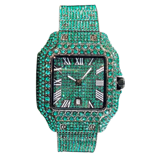 Relógio Masculino UNIGUET Green Diamond – Quadrado, Fashion Hip Hop | Mostrador Romano