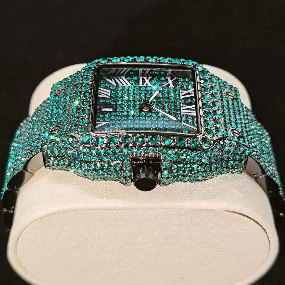 Relógio Masculino UNIGUET Green Diamond – Quadrado, Fashion Hip Hop | Mostrador Romano